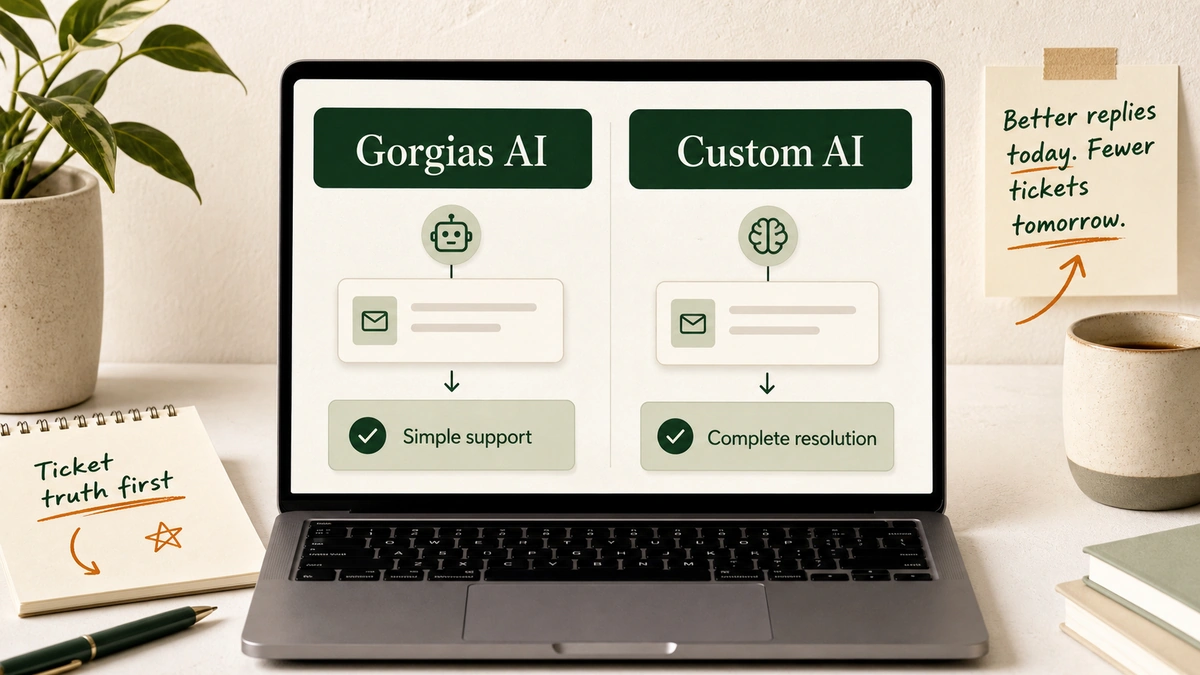A laptop support workspace shows two paths labeled Gorgias AI and Custom AI, with support tickets, policy notes, and cost markers on an off-white desk.