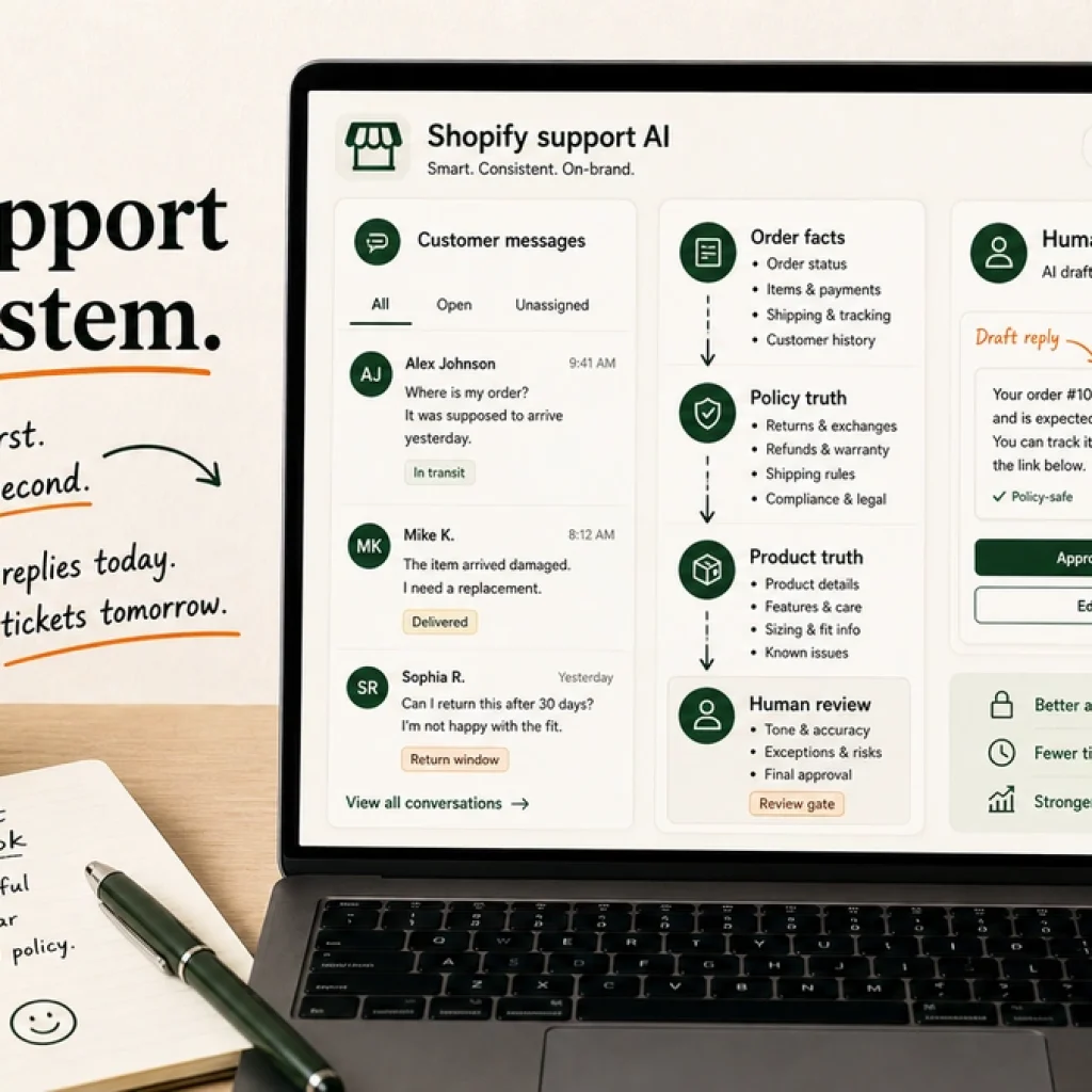 A laptop workspace showing a Shopify support AI workflow connected to orders, products, policies, and human review.