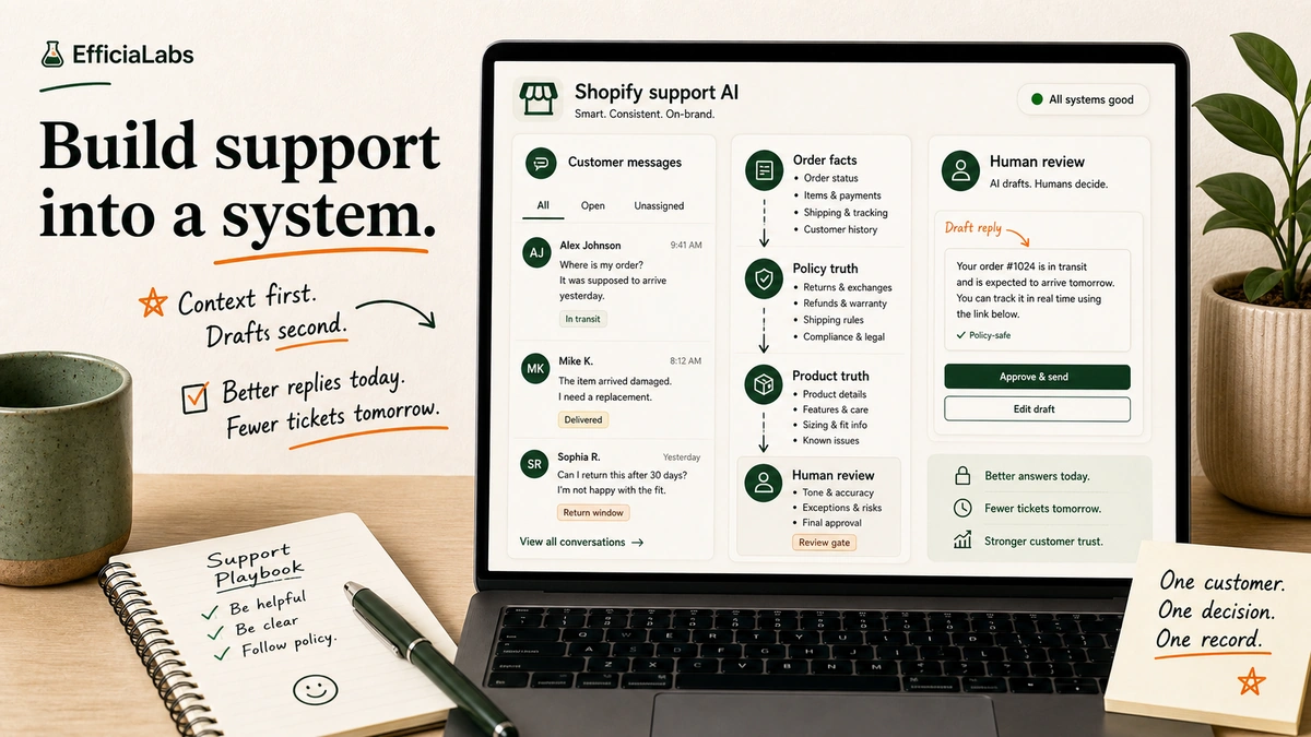 A laptop workspace showing a Shopify support AI workflow connected to orders, products, policies, and human review.