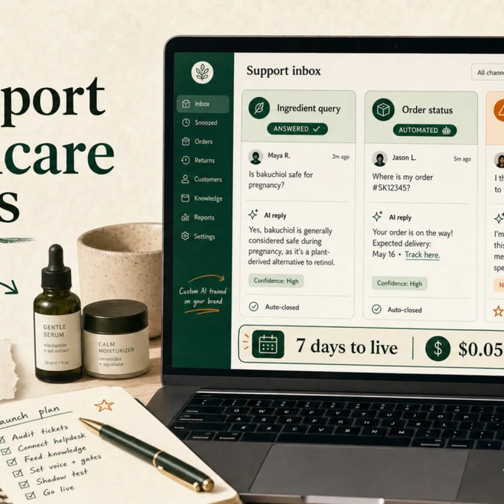 Skincare brand AI customer support workspace showing automated replies for order status and ingredient queries, with a skin reaction ticket flagged for human escalation and a cost label reading 7 days to live, $0.05 per ticket.