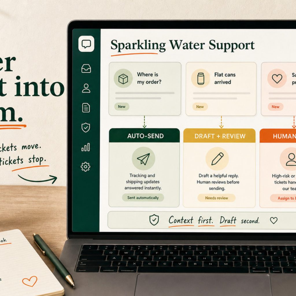 A laptop showing a sparkling water brand support inbox with tickets being sorted into AI-drafted replies and human-review queues.