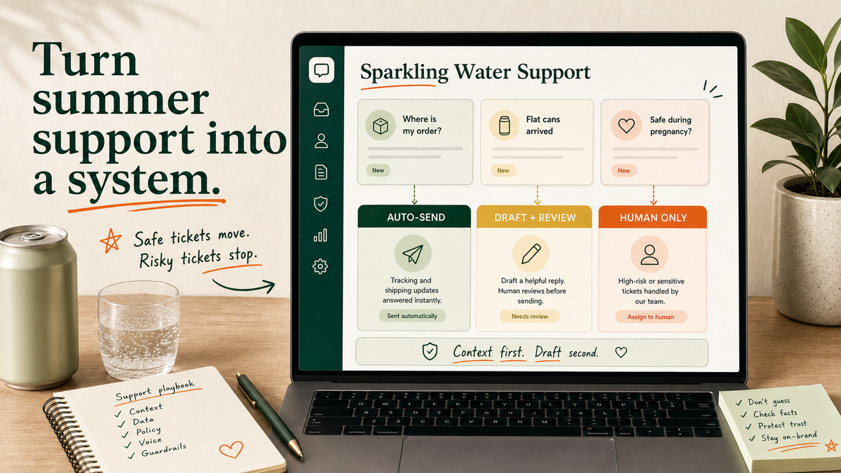 A laptop showing a sparkling water brand support inbox with tickets being sorted into AI-drafted replies and human-review queues.