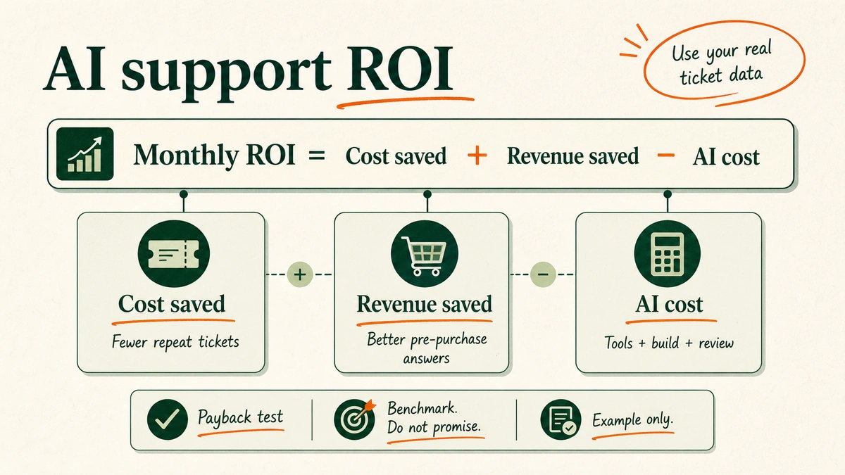Formula graphic showing monthly AI support ROI as support cost saved plus revenue recovered minus AI build and operating cost.