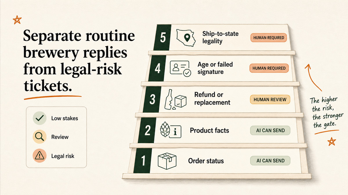 A risk ladder sorting brewery support tickets from low-risk shipping-status questions up to high-risk age and ship-to-state questions a human handles.