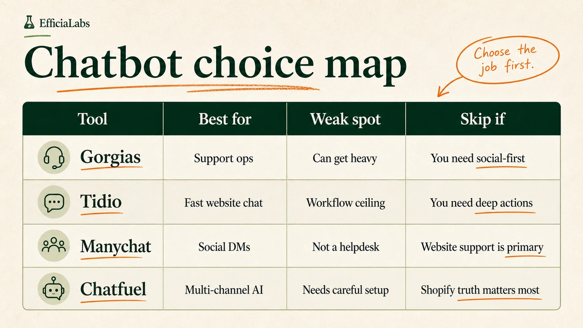 Branded comparison table for Gorgias, Tidio, Manychat, and Chatfuel.