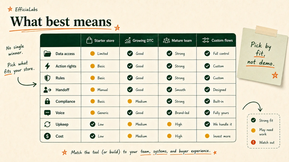 Evaluation matrix for choosing the best company for ecommerce AI customer care.