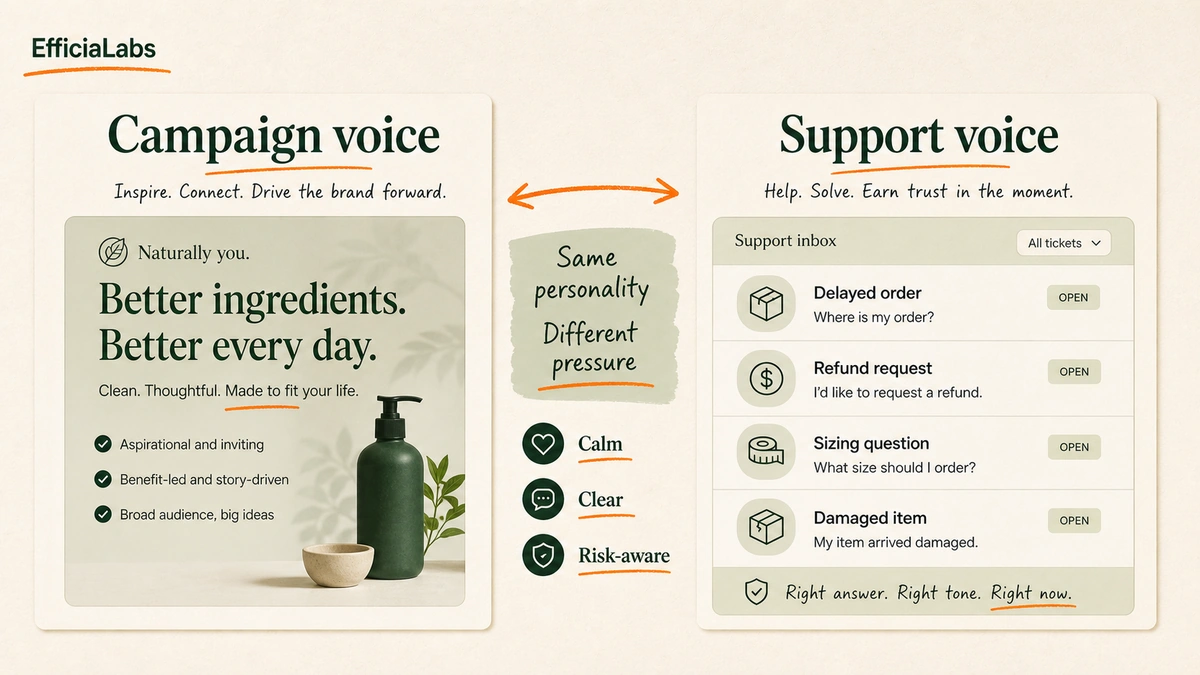 A split panel comparing marketing voice for campaigns with support voice for delayed orders, refunds, sizing, and complaints.