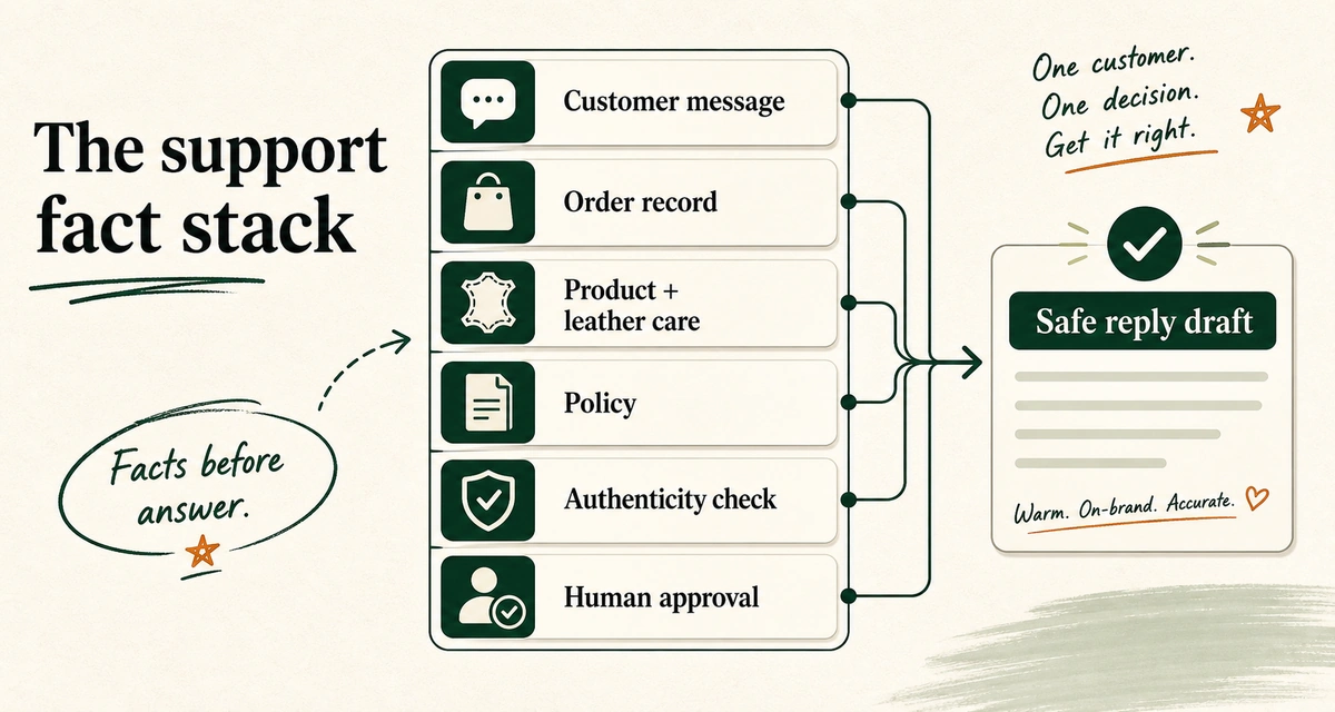 Layered stack showing the order, product, policy, and authenticity facts assembled before a human approves an AI reply.