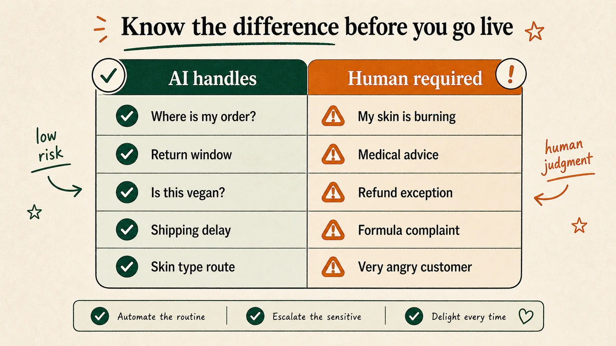 Two-column matrix showing five types of skincare support tickets handled by AI — including order tracking, returns, and basic ingredient queries — versus five requiring human agents, including skin reactions and medical questions.