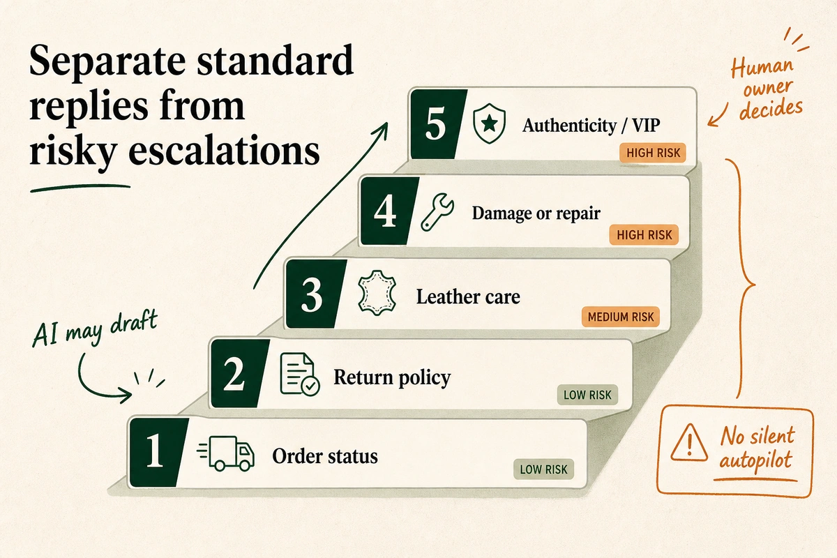 Five-step ladder ranking handbag support tickets from low-risk auto-replies to high-risk human escalations.