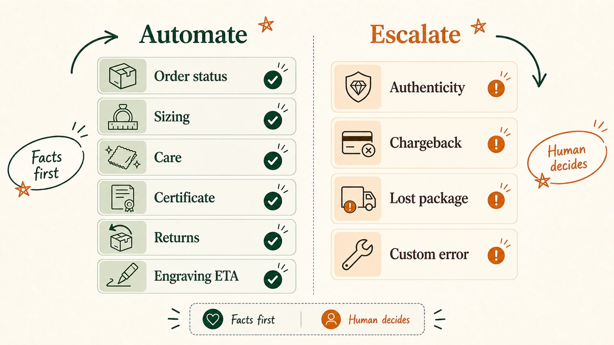 Two-column table sorting jewelry support tickets into ones AI can automate, like order status and sizing, and ones to escalate, like authenticity disputes and chargebacks.