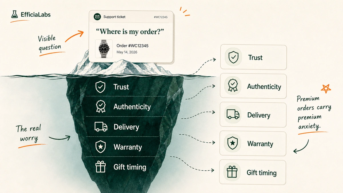 An iceberg showing a simple watch order question on top and the buyer's deeper worries below the waterline.