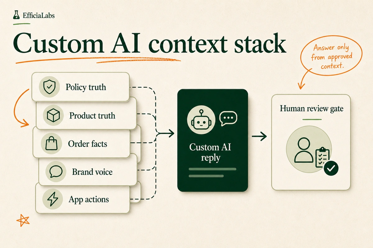 Layered context stack feeding a custom AI chatbot with a human review gate.