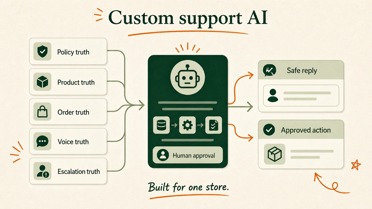 A custom support AI context stack shows store policies, product rules, order tools, returns data, voice guide, and human approval gates feeding one reply engine.