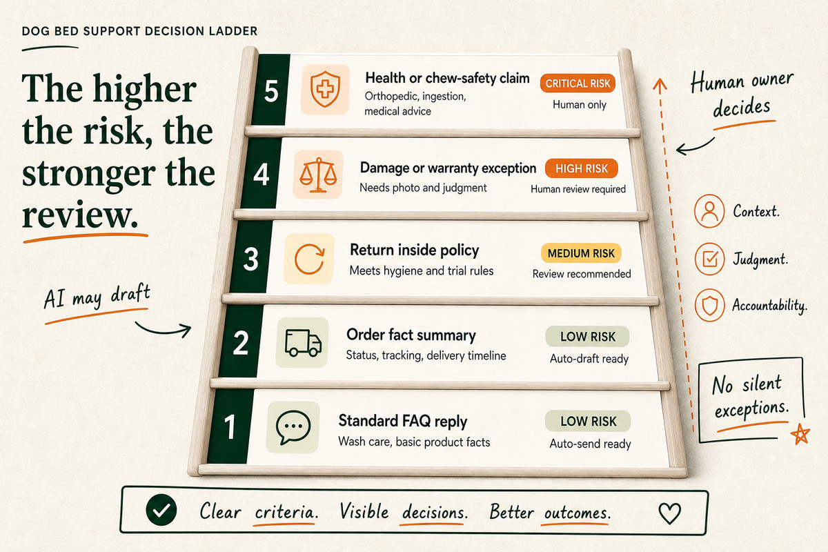 A five-rung escalation ladder rising from low-risk automated FAQs to high-risk health and warranty tickets handled by humans.
