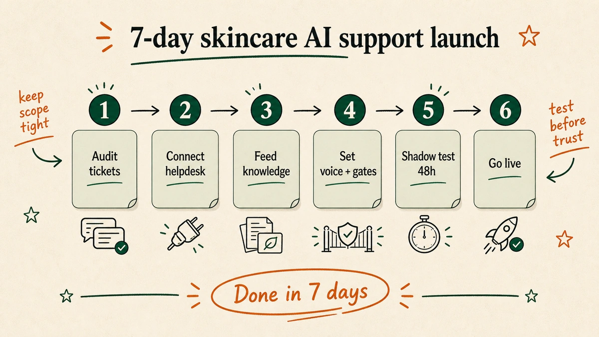 Six-step linear deployment diagram for skincare brand AI customer service, numbered from ticket audit through live launch, annotated as a 7-day process.