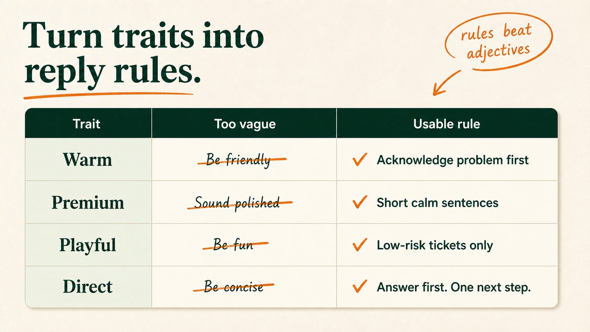 A matrix translating warm, premium, playful, and direct into specific AI support reply rules.