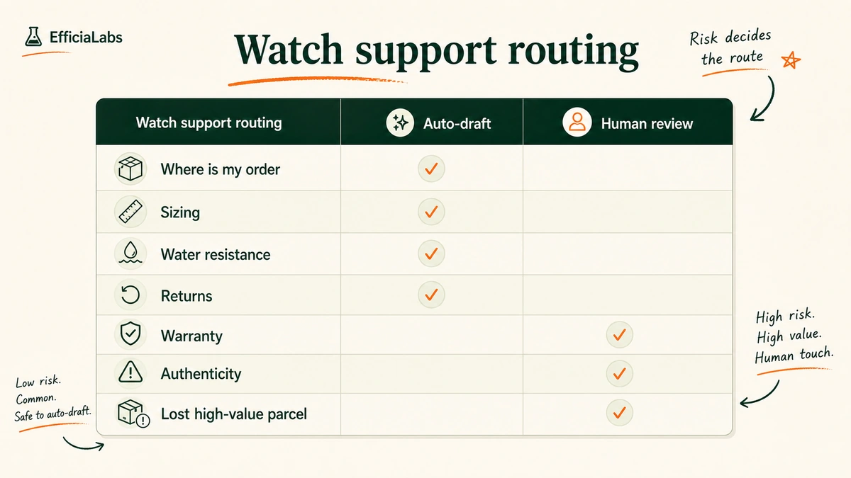 A table mapping common premium watch support tickets to either auto-draft or human review.