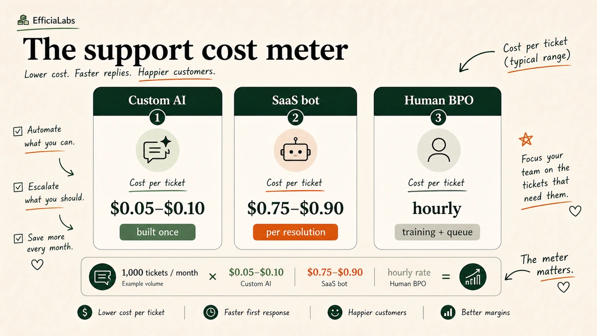Bar comparison of support cost per ticket across custom AI, a SaaS bot, and a human BPO agent.