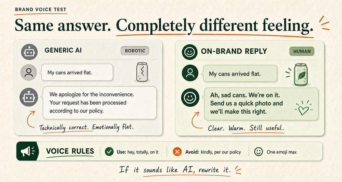 A side-by-side comparison showing a stiff generic support reply next to a warm on-brand sparkling water reply.