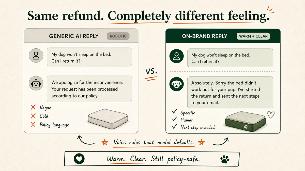 A side-by-side comparison of a stiff generic reply next to a warm on-brand dog bed reply.