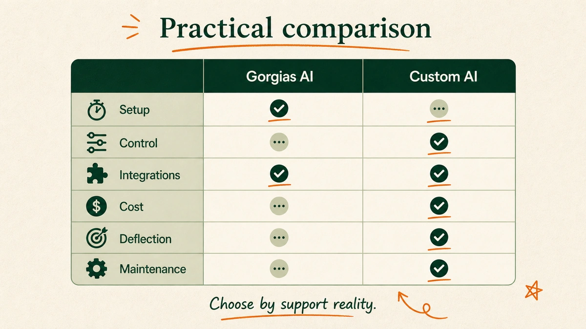 A comparison matrix lists Gorgias AI and custom AI across setup speed, control, integrations, cost model, deflection depth, and maintenance ownership.