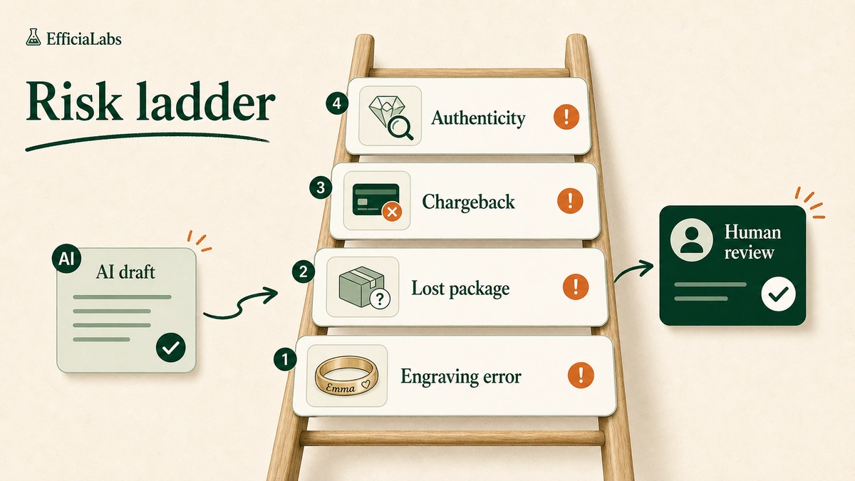 A four-step risk ladder showing engraving errors, high-value lost shipments, chargebacks, and authenticity disputes rising in risk, all routed to a human for the final decision.