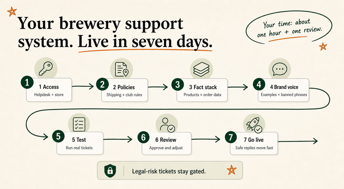 A seven-day timeline showing the steps to launch AI brewery support, from granting access on day one to going live on day seven.