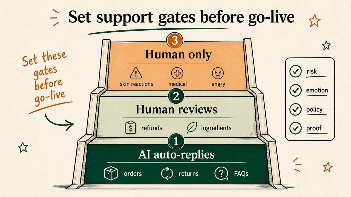 Three-tier decision ladder for skincare brand AI support showing the auto-reply zone at the bottom, human review zone in the middle, and human-only zone at the top, with specific skincare examples at each level.
