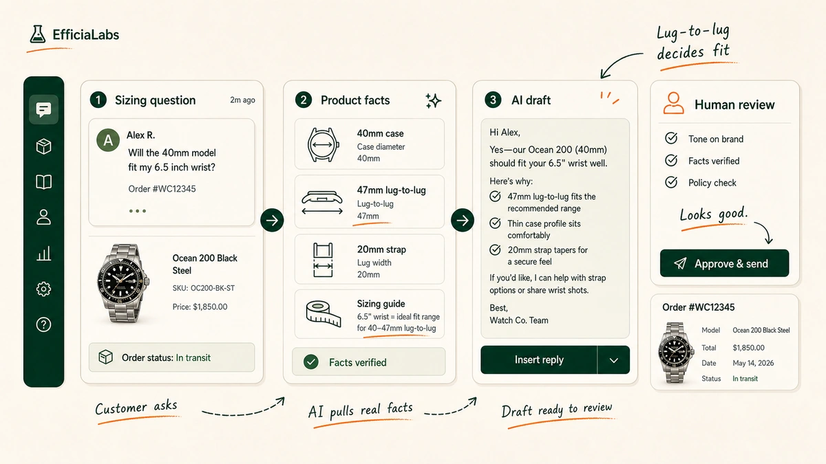A worked example showing a wrist-sizing question, the product facts the AI pulled, and the drafted reply.