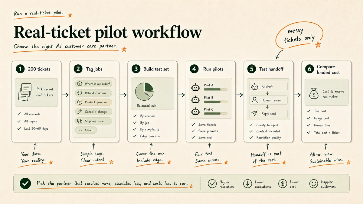 Real-ticket pilot workflow for choosing an ecommerce AI customer care company.