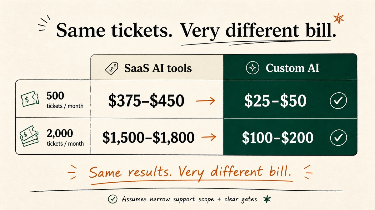 Cost comparison table showing SaaS AI tools costing $375 to $450 per month versus custom AI at $25 to $50 per month at 500 monthly tickets, and $1,500 to $1,800 versus $100 to $200 at 2,000 monthly tickets.