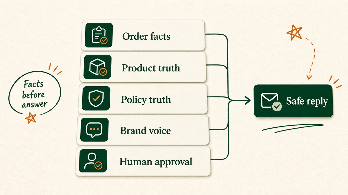 A five-layer context stack of order facts, product truth, policy truth, brand voice, and human approval feeding into a single safe on-brand reply.