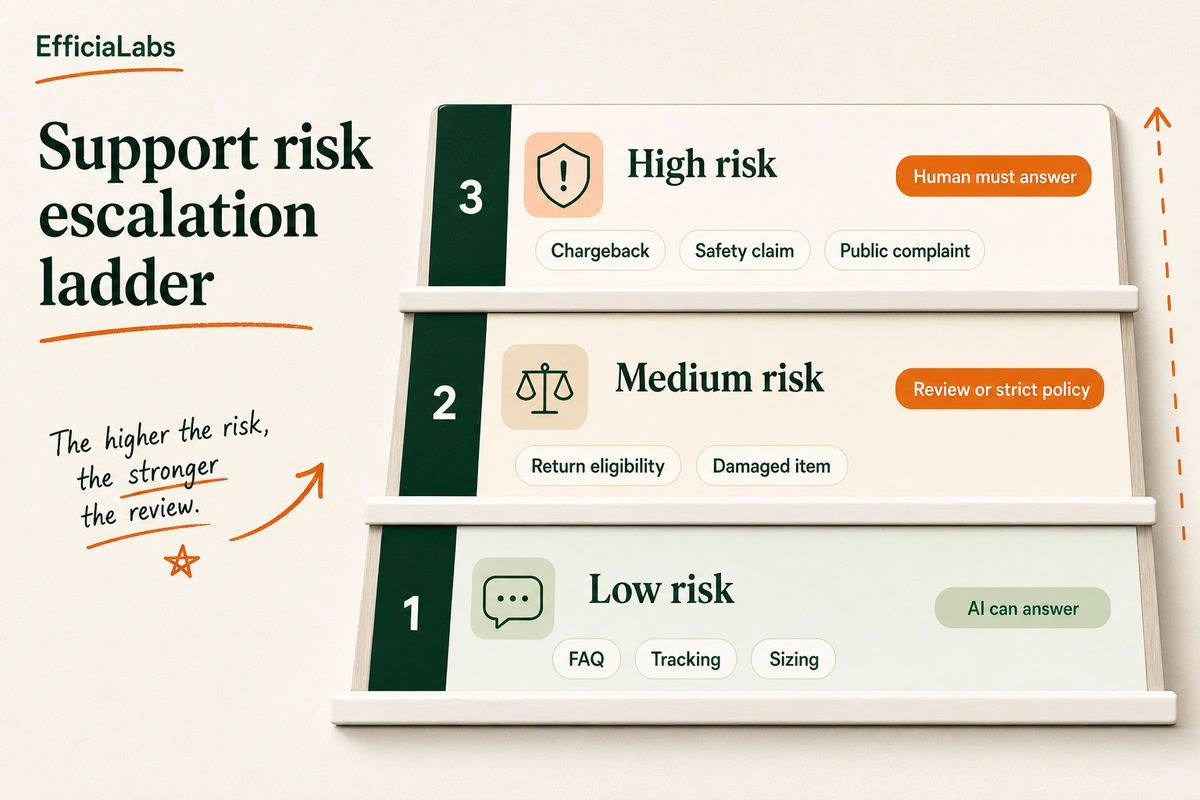 A three-level decision ladder showing low, medium, and high risk support tickets with human handoff rules.