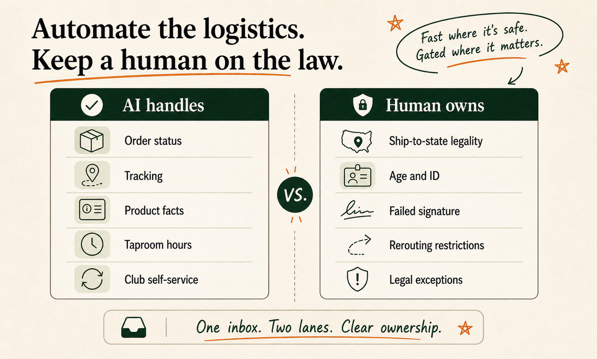 A two-column recap showing the logistics tickets AI handles on one side and the legal tickets a human owns on the other.