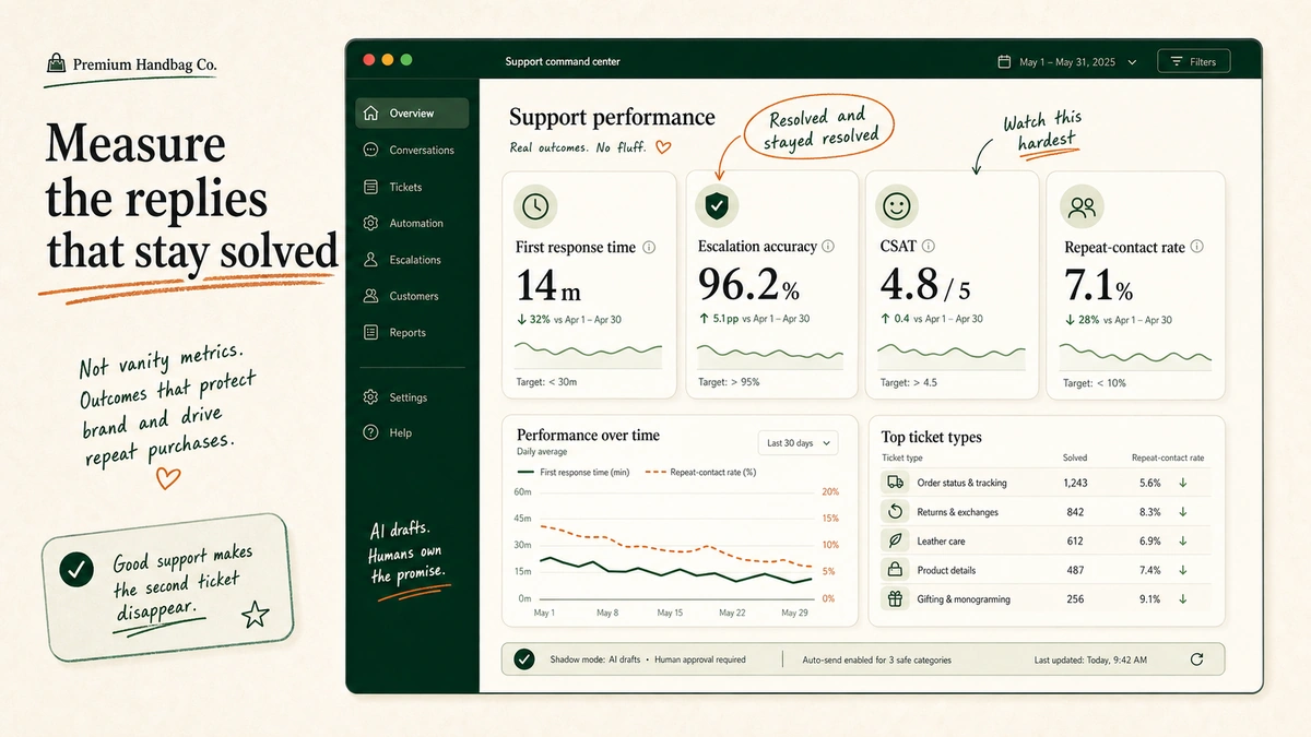 Mock dashboard showing first-response time, escalation accuracy, CSAT, and repeat-contact rate.