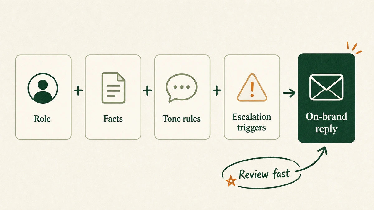 A formula showing role plus facts plus tone rules plus escalation triggers equals an on-brand reply a human can approve quickly.