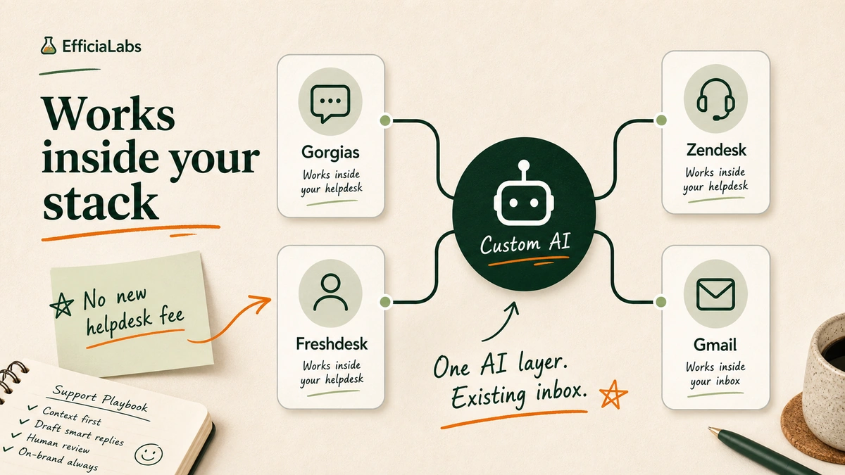 Mock UI diagram showing a custom AI node connecting to Gorgias, Zendesk, Freshdesk, and Gmail with neutral inbox icons and the label "No new helpdesk fee."