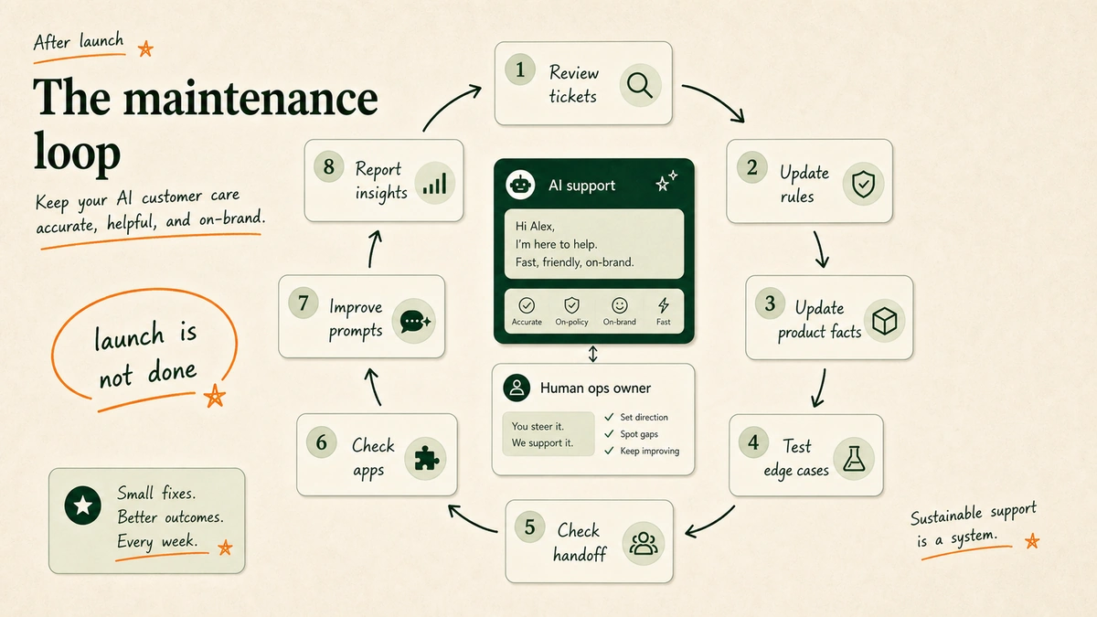 Maintenance loop for ecommerce AI customer care after launch.
