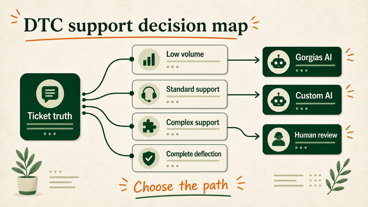 A decision map shows four paths labeled low volume, standard support, complex support, and complete deflection, ending in Gorgias AI, human review, or custom AI.