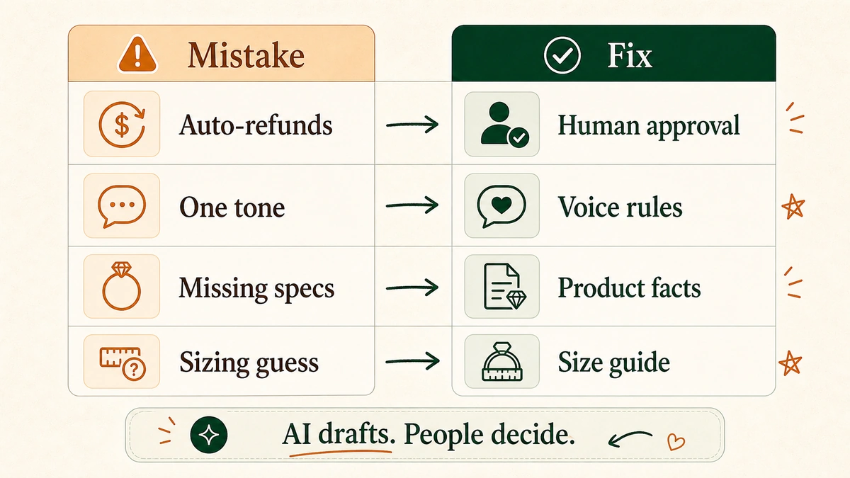 A mistake-versus-fix table covering refund approval, brand tone, certificate facts, and sizing, with the takeaway that AI drafts while people decide.