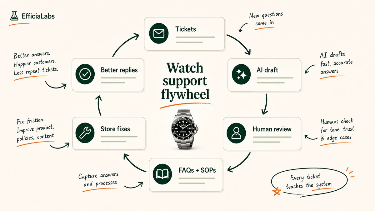 A circular support flywheel from tickets to AI draft, human review, FAQs and SOPs, and store fixes.