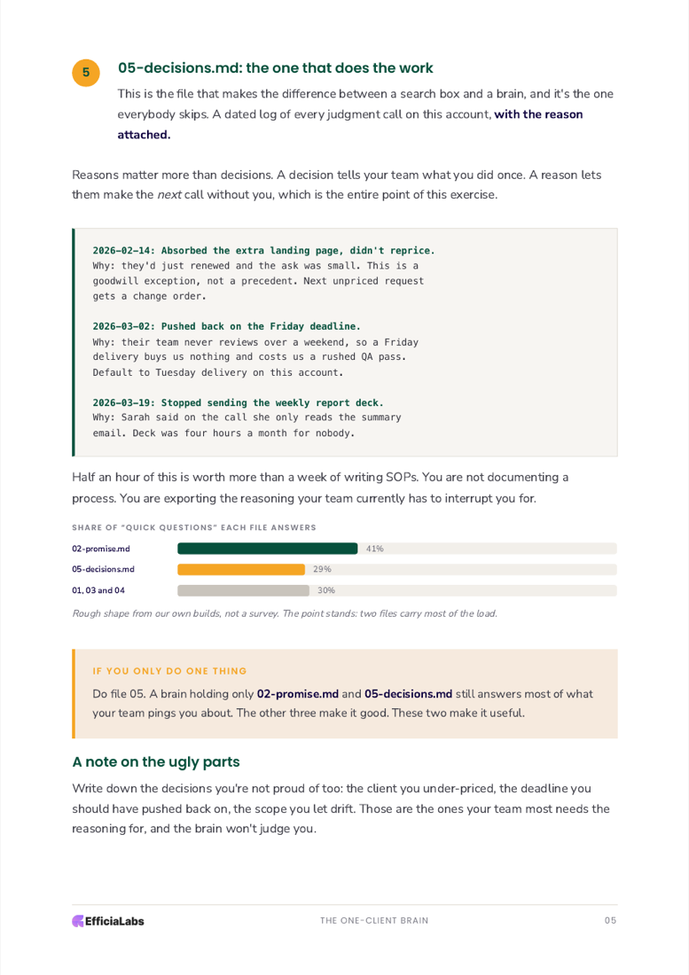 Page 5 of the playbook: worked examples of a decision log, each entry paired with the reason behind it.