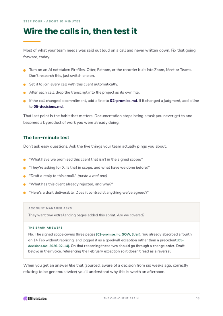 Page 8 of the playbook: the full project instruction block, ready to paste into Claude or ChatGPT.