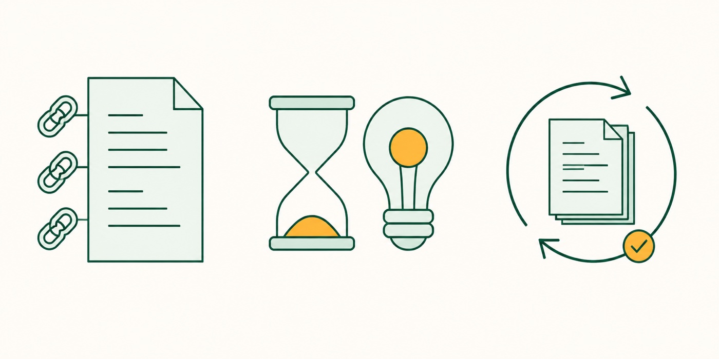 Linked document, hourglass and lightbulb, and refresh icons representing sourced answers, time moving to thinking, and free redos